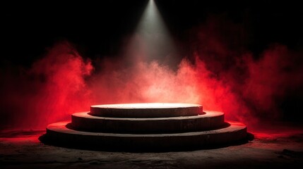 Dark stage platform with glowing red smoke swirl