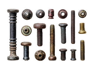 Assorted aged metal fasteners arranged in a grid