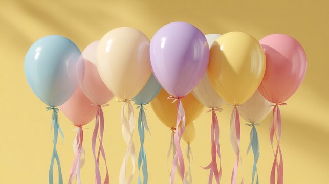 Light pastel balloons and ribbons floating on soft background