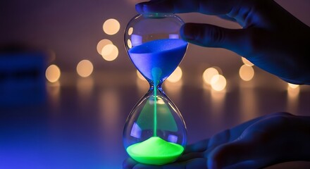 Glowing Hourglass with Blue and Green Sand, Time Passing Concept, Bokeh Background.