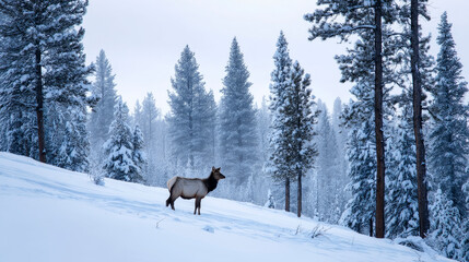 A solitary elk grazing in the deep snow, surrounded by tall, snow-laden pines and a pale winter sky