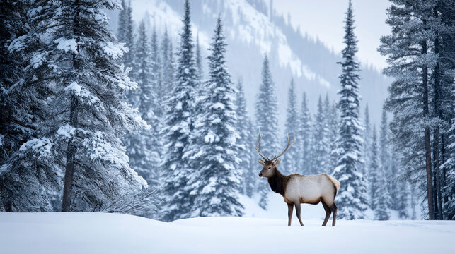A solitary elk grazing in the deep snow, surrounded by tall, snow-laden pines and a pale winter sky - Powered by Adobe