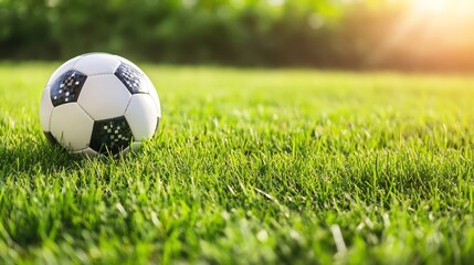 Obraz premium Soccer ball on green grass in sunlight.