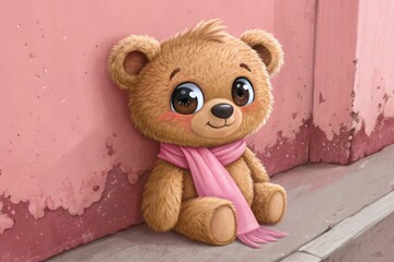 Obraz premium Cute Teddy Bear With Scarf Sitting Against a Pink Wall in a Charming Setting