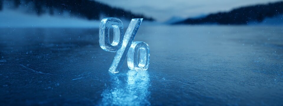 Transparent ice percent symbol on frozen lake. Concept of cold economy, interest rates, winter finance, frozen assets, risk. banner 