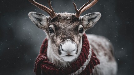 Reindeer Portrait with Red Scarf in Winter Snow Scene, Cute Animal, Christmas Holiday Season