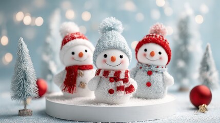 Fototapeta premium Festive Holiday Scene: Three Cheerful Snowmen Adorned with Colorful Knitted Accessories on Display
