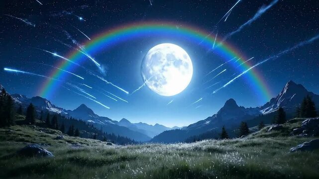Beautiful moon rainbow night sky stars shooting stars landscape nature wallpaper art on transparent background