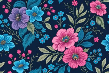 Colorful Floral Design With Blue and Pink Flowers on Dark Background