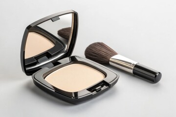 Simple Makeup Setup With Powder Compact and Brush on a Plain Background
