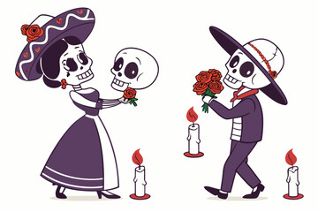 Skeleton Couple Vector Illustration, Romantic Calavera Bride and Groom with Roses and Candlelight 