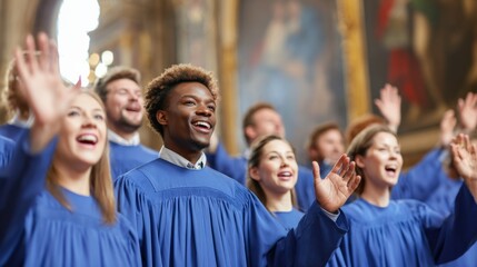 Fototapeta premium Diverse Choir Singing with Passion in a Church, Celebrating Faith and Harmony Through Music