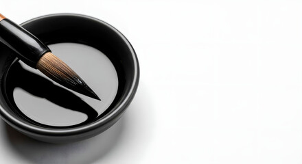 Dramatic contrast: the tip of an artist's brush dipped in black ink against a dazzling white space