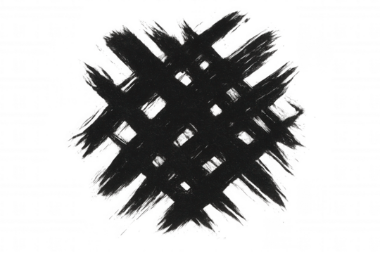 Black brush strokes creating a crosshatch pattern, textured paint mark, grunge splatter element with transparent background