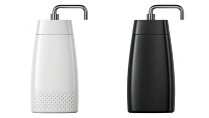 Two modern water filters isolated on transparent background, black and white color