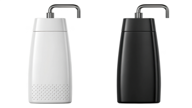 Two modern water filters isolated on transparent background, black and white color