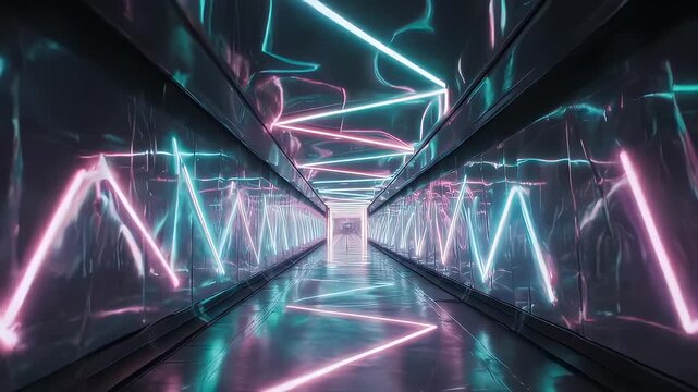 A neon-lit, futuristic corridor features zig-zagging light trails in turquoise and magenta
