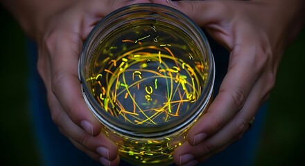 Glowing Fireflies Captured in Glass Jar Held by Hands at Night