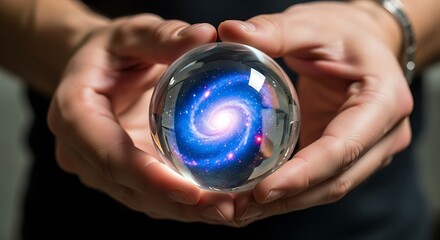Galaxy in Hand: Captivating Crystal Ball with Swirling Nebula and Cosmic Light