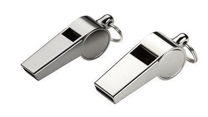 Two shiny metal whistles isolated on transparent background, referee equipment