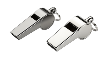 Two shiny metal whistles isolated on transparent background, referee equipment
