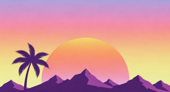 A vibrant sunset with a palm tree and mountains in the background.