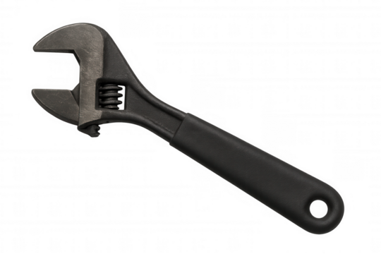 Adjustable wrench tool with black handle on transparent background for repair and engineering concepts
