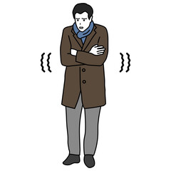 冬　コートを着て震えるビジネスマン