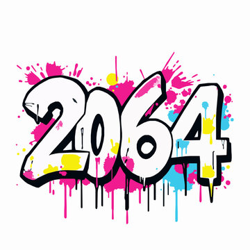 Graffiti style year 2064 with pink blue and yellow paint splatters and drips urban