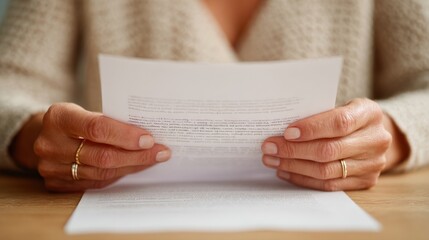 Naklejka premium Close-up of a woman's hands holding and reading an important paper document or letter. Image conveys focus, reviewing contracts, reading legal documents, insurance forms, bills, serious correspondence