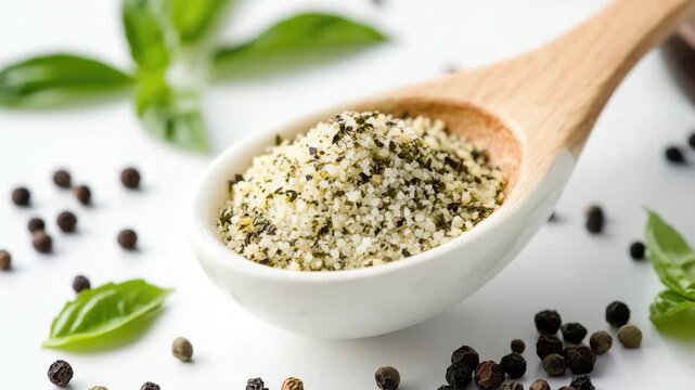 A wooden spoon filled with a mixture of fresh herbs