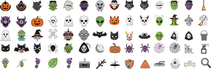 Fototapeta premium Collection of vibrant Halloween icons featuring pumpkins, ghosts, bats, spiders, and other spooky elements, perfect for holiday designs and decorations.