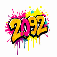 Bold Graffiti Number 2092 with Yellow and Pink Colors and Paint Splatters year urban