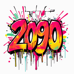 Graffiti year 2090 with pink orange yellow and green paint splatters on white urban