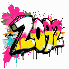 Graffiti Style Number 2092 with Yellow, Pink, and White Colors and Urban Accents year