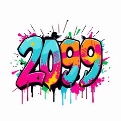 Graffiti numbers 2099 with teal pink yellow and blue paint splatters and drips urban