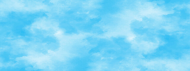 Blue sky with natural clouds. light ocean blue watercolor texture. hand drawn vector illustration.
