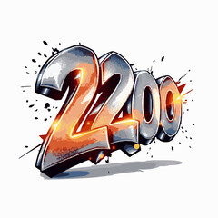 Graffiti style number 2200 with orange and yellow highlights and black splatters Keywords: 2200, graffiti, numbers, digits, numeral, year, date, count, quantity, celebration