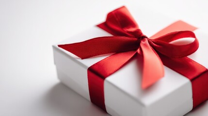 Fototapeta premium Elegant White Gift Box Adorned with a Vibrant Red Ribbon, Perfect for Celebrations and Special Occasions
