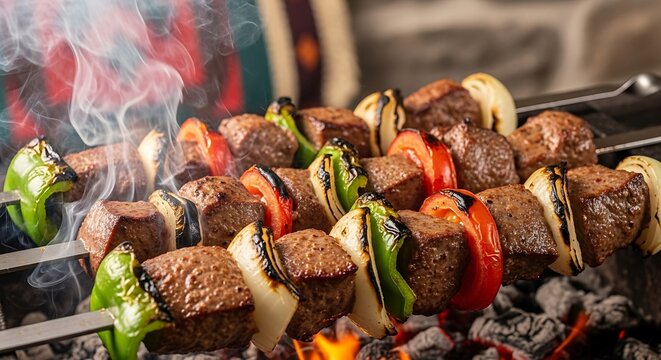 Delicious Grilled Kebabs on Skewers.