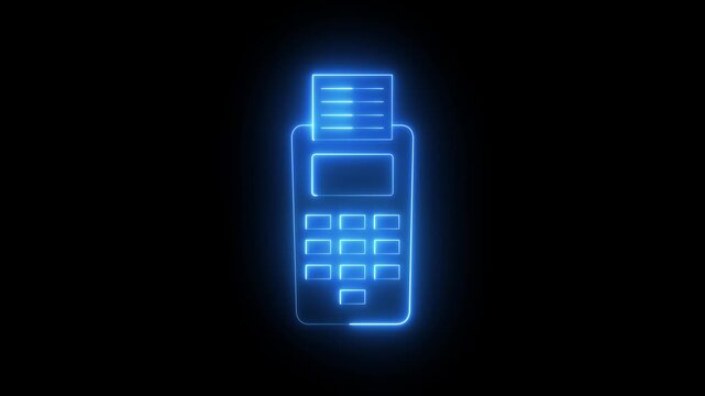 Glowing neon payment terminal with inserted  printed receipt icon animation on black background. POS Payment terminal icon. Approved payment. credit card payment terminal icon. NFC payment concept.