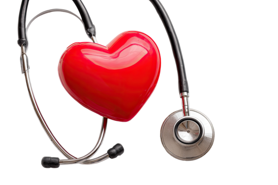 A glossy red heart shape positioned between the components of a stethoscope