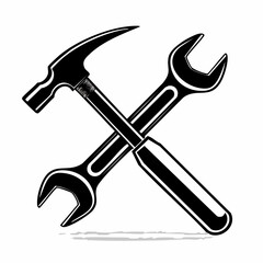 Black silhouette of a hammer and wrench crossed isolated on white background