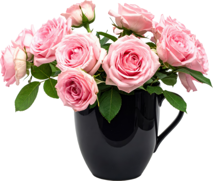 Bouquet of lush pink roses with green leaves displayed inside a glossy black ceramic mug