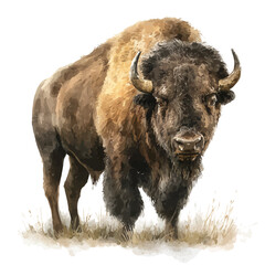 Watercolor Bison vector, artistic painting style, high-resolution illustration on a pure white background.