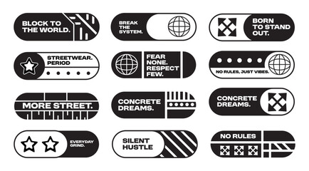 Urban Streetwear Typography Design Set – Modern typography stickers with slogans. Perfect for t-shirts, hoodies, or street fashion branding.