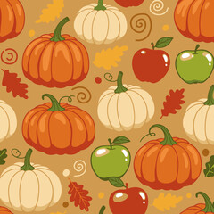 Autumnal pumpkin and apple seamless pattern on a light beige background. Repeating design with pumpkins, apples, and fall leaves.