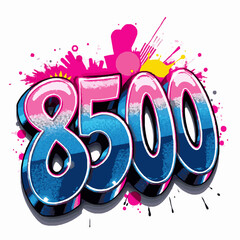 Graffiti style number 8500 with pink and blue splashes and drips on a white background spray paint