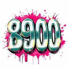 Graffiti number 8900 with teal and yellow accents and pink paint splashes on a white background spray paint