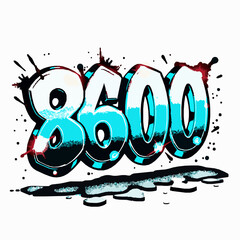 Graffiti style number 8600 with splashes of blue and red paint on a white background spray paint